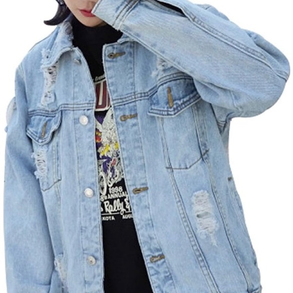 JUDYBRIDAL Oversize Distressed Denim Jacket Sz L NEW MFRP $45 - Picture 1 of 8